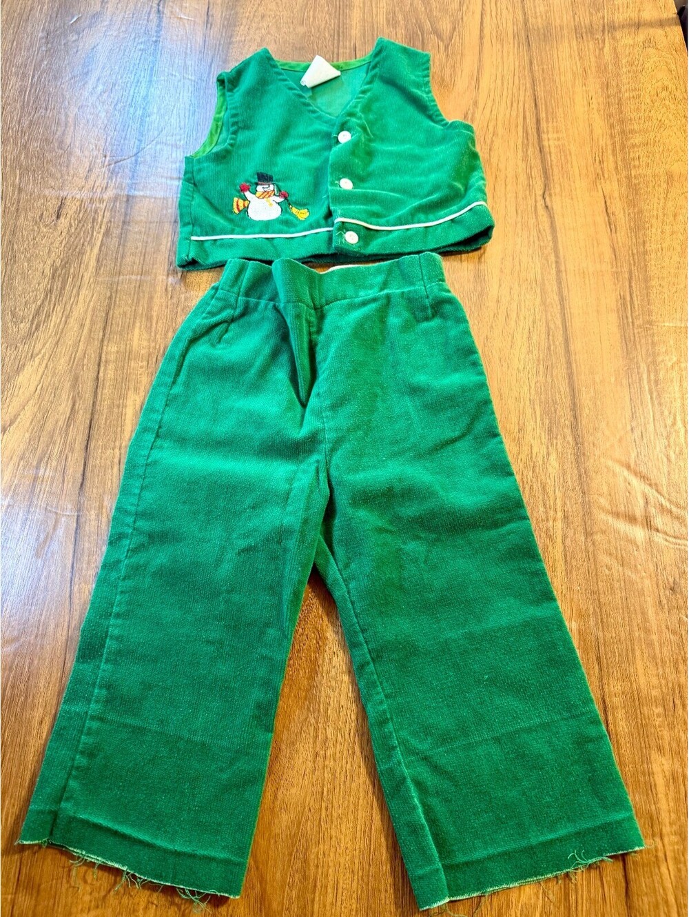 Vintage Sears Kids Green Corduroy Snowman Vest & Pants Christmas Set Size Large
